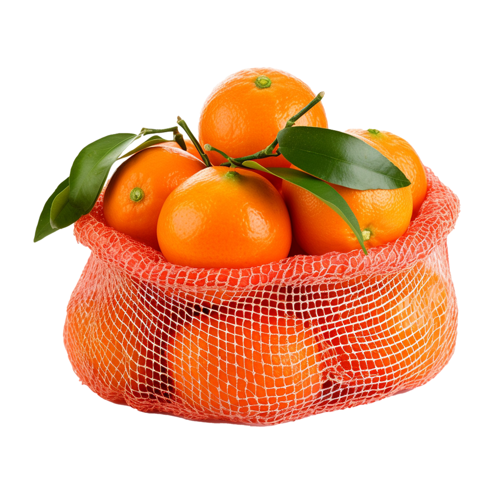 AI generated Tangerines in a red mesh bag isolated on transparent background png