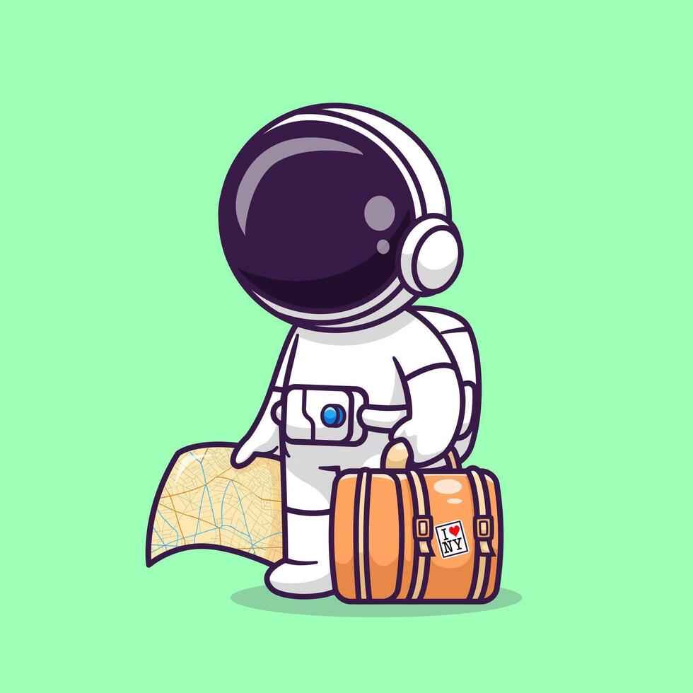 Cute Astronaut Travelling With Map And Suitcase Cartoon Vector Icon Illustration. Science Travel Icon Concept Isolated Premium Vector. Flat Cartoon Style