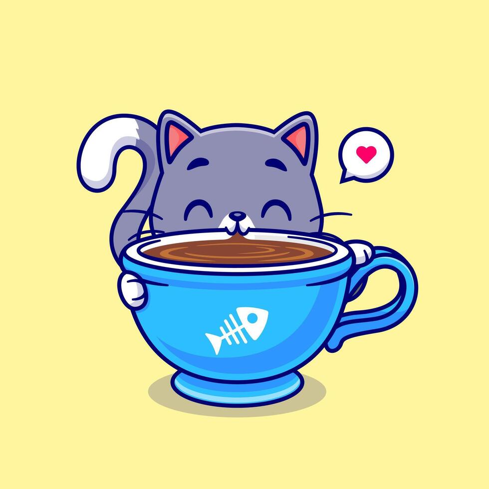 Cute Cat Drink Coffee Cartoon Vector Icon Illustration. Animal Food Icon Concept Isolated Premium Vector. Flat Cartoon Style