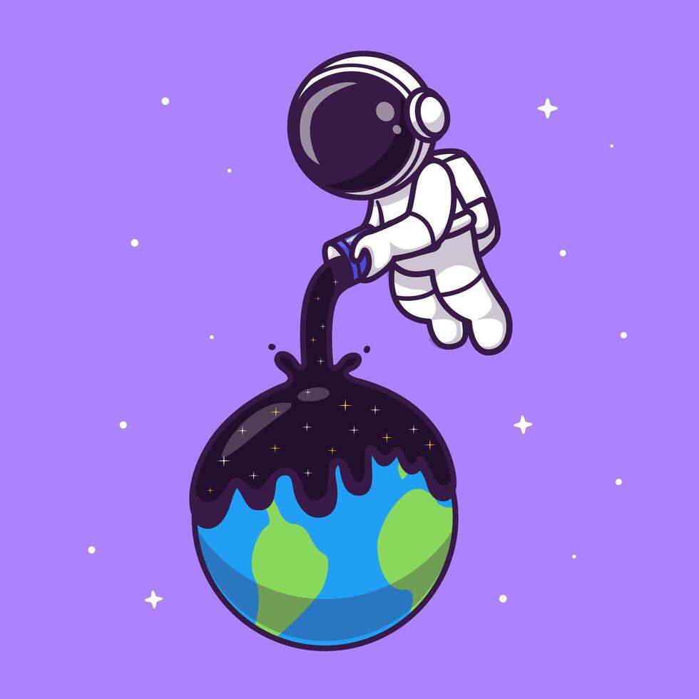 Cute Astronaut Pouring Space On Earth Cartoon Vector Icon Illustration. Science Technology Icon Concept Isolated Premium Vector. Flat Cartoon Style