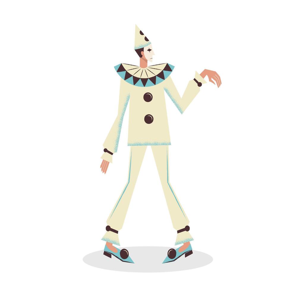 The character of the Venetian carnival is Piero. Crying clown from the circus. Masquerade costume of a sad harlequin. Flat vector illustration isolated on white background.