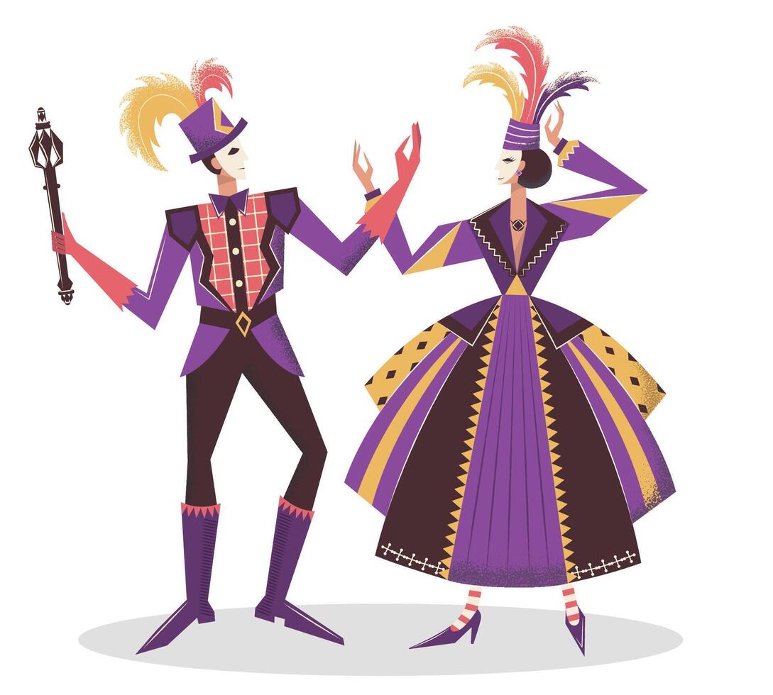 Venetian carnival taking place in Italy. Main characters - king and queen in masks and bright purple-pink costumes. Flat vector illustration isolated on white background.