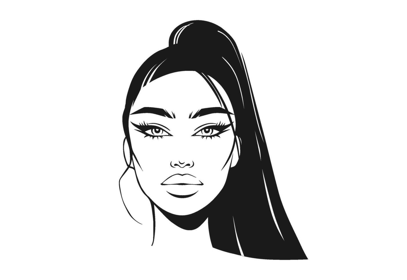 Vector Young Woman Girl Model Face Portrait. Beautiful Lady with Long Black Eyelashes Arched Eyebrows Plump Lips Illustration Isolated on White. Beauty Salon Logo
