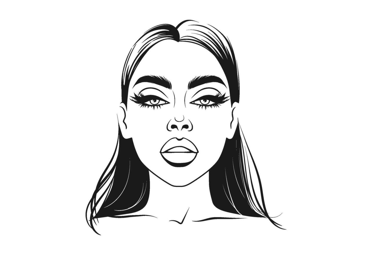 Vector Young Woman Girl Model Face Portrait. Beautiful Lady with Long Black Eyelashes Arched Eyebrows Plump Lips Illustration Isolated on White. Beauty Salon Logo