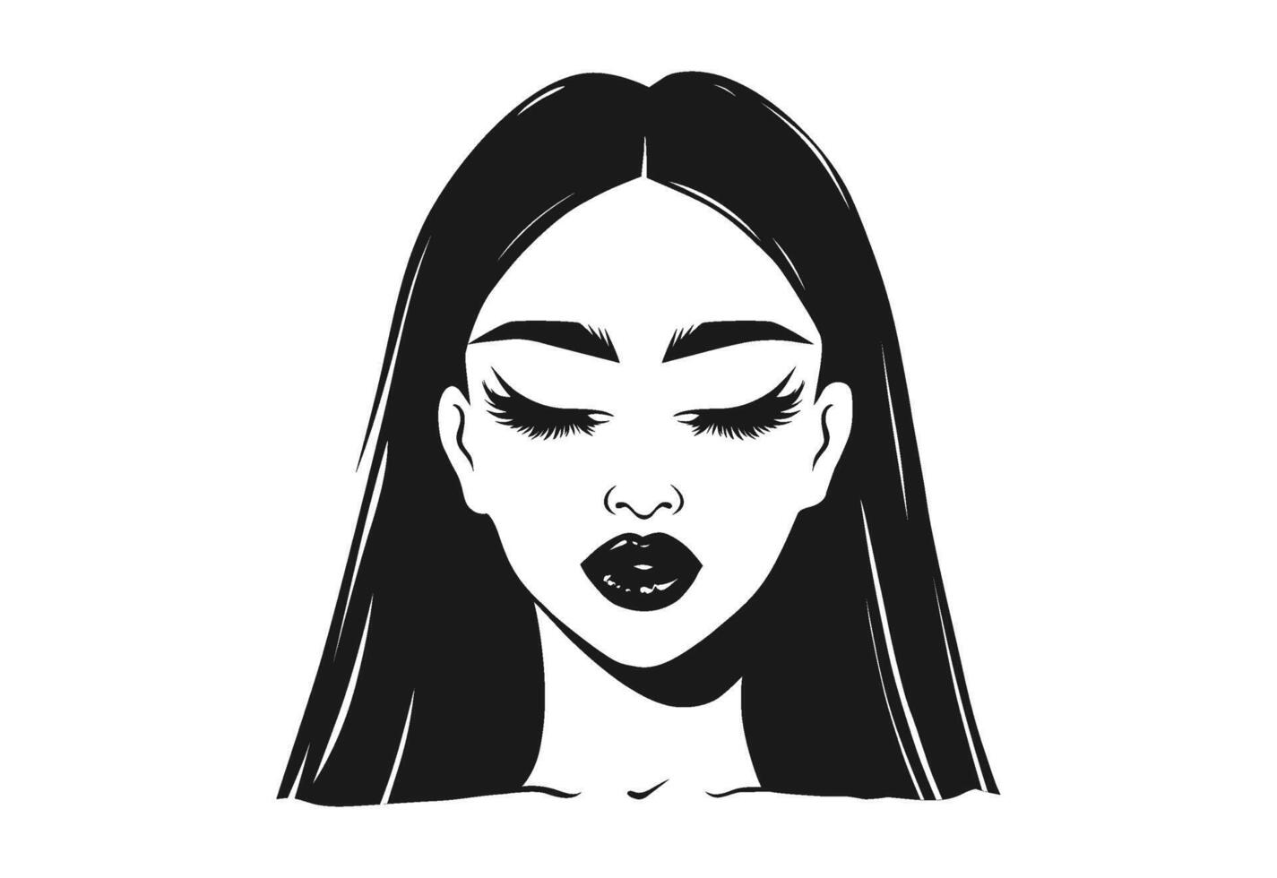 Vector Young Woman Girl Model Face Portrait. Beautiful Lady with Long Black Eyelashes Closed Eyes Arched Eyebrows Plump Lips