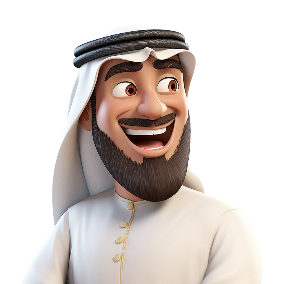 AI generated 3d cartoon arab man smiling closeup halfbody isolated on transparent background png