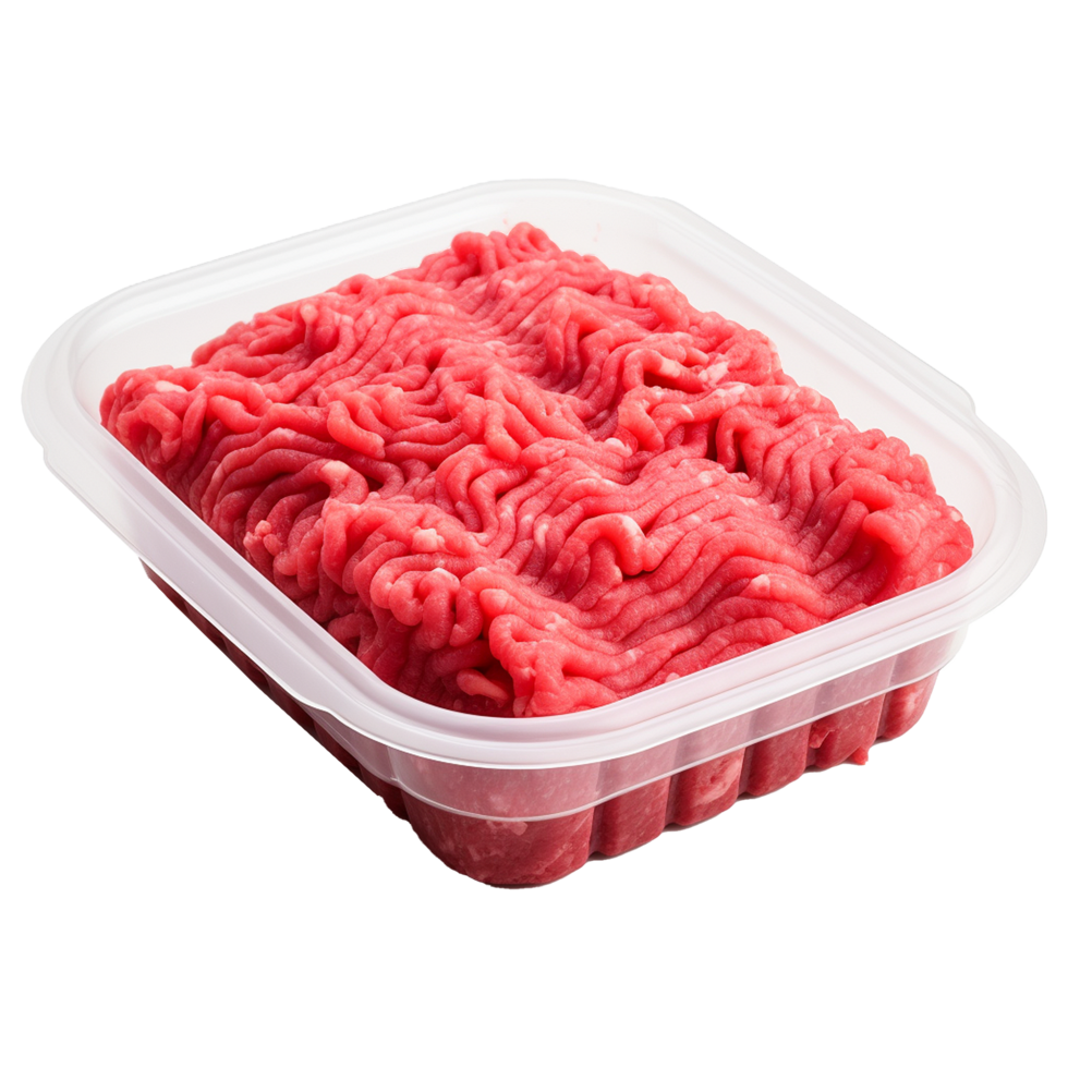 AI generated Raw minced meat in a plastic tray container isolated on transparent background png