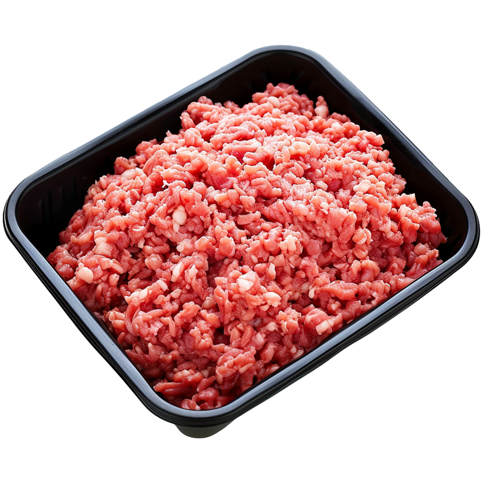 AI generated Raw minced meat in a plastic tray container isolated on transparent background png