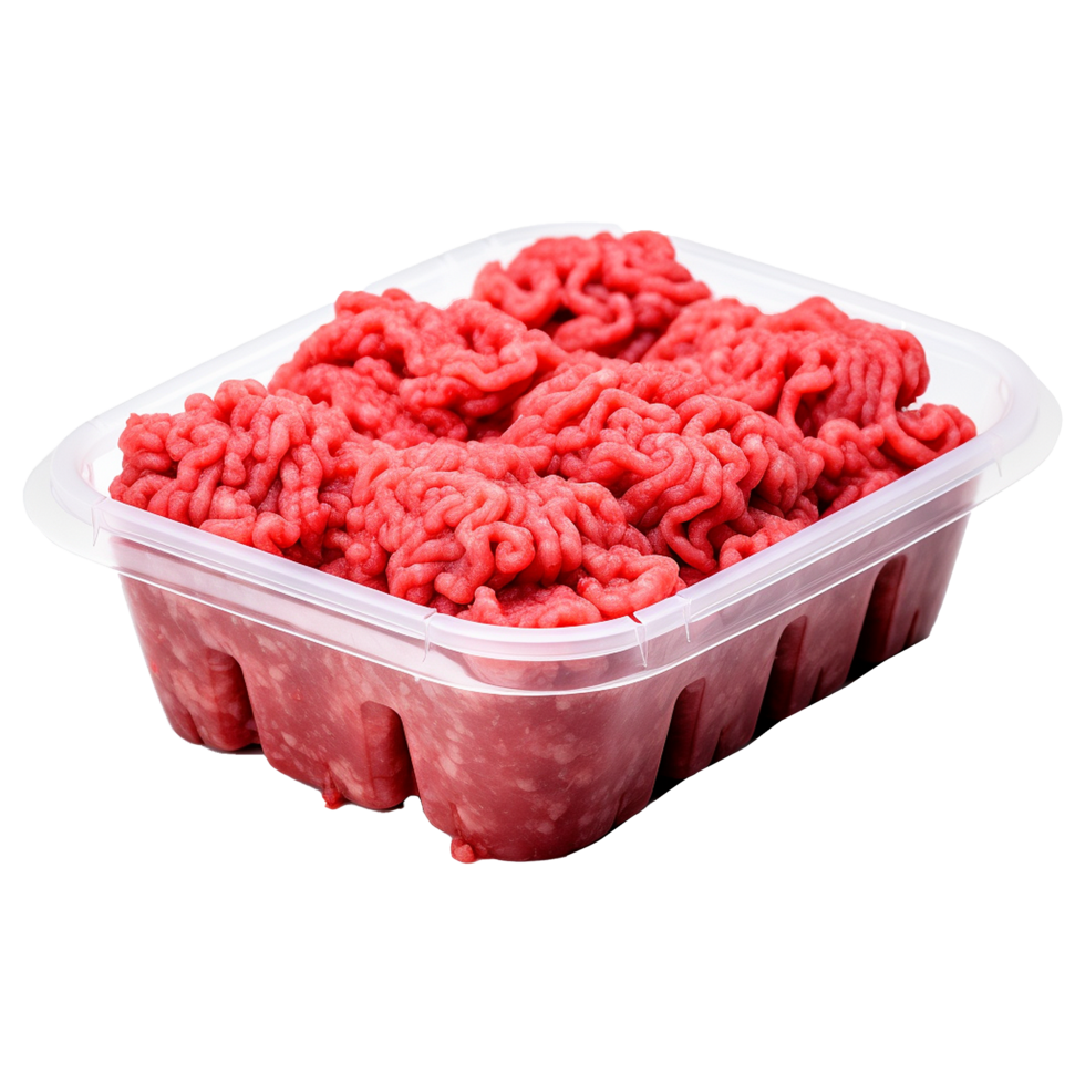 AI generated Raw minced meat in a plastic tray container isolated on transparent background png