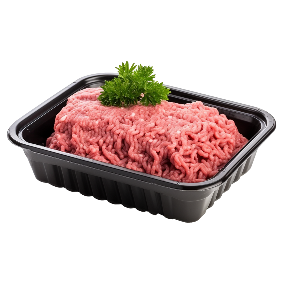 AI generated Raw minced meat in a plastic tray container isolated on transparent background png