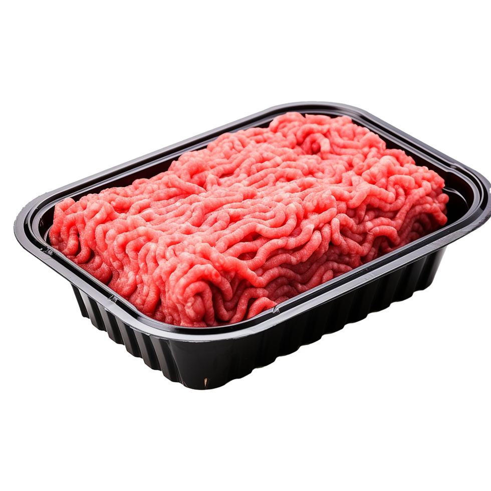 AI generated Raw minced meat in a plastic tray container isolated on transparent background png