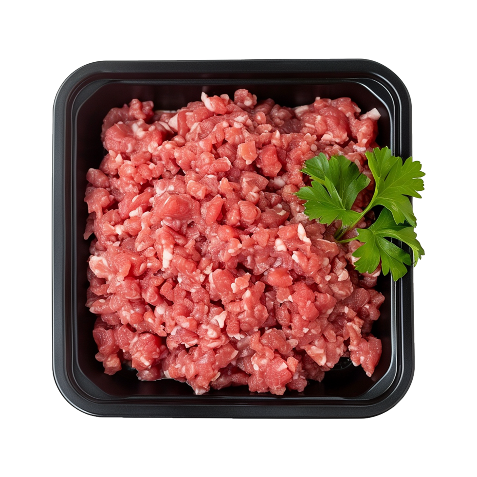 AI generated Raw minced meat in a plastic tray container isolated on transparent background png