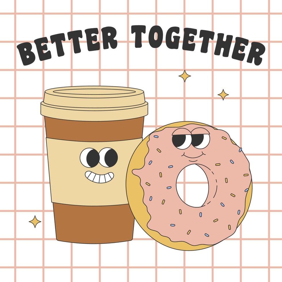 Poster with groovy hippie coffee cup and donut. Cartoon characters in trendy retro style. vector