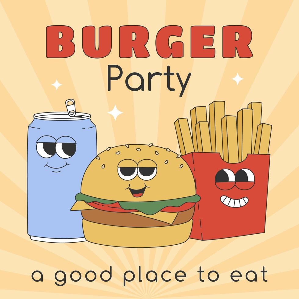 Poster with groovy burger, french fries and soda. Cartoon characters in trendy retro style. Template for banner, poster, social media, flyer vector