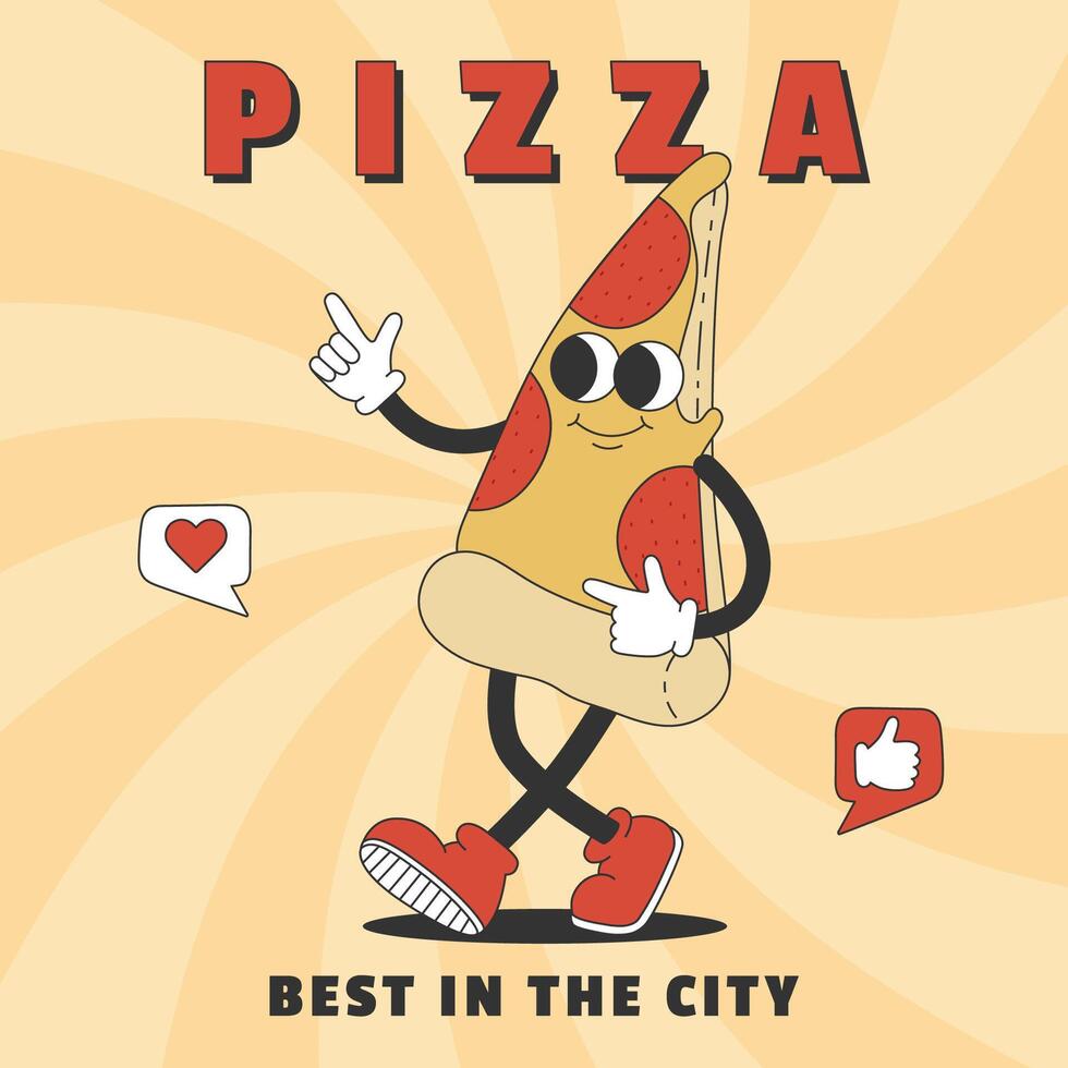 Trendy poster with groovy hippie pizza. Cartoon character in trendy retro style. Template for banner, poster, social media, flyer. vector