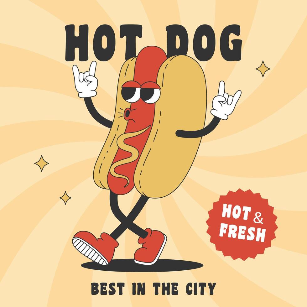 Trendy poster with groovy hippie hot dog. Cartoon character in trendy retro style. vector