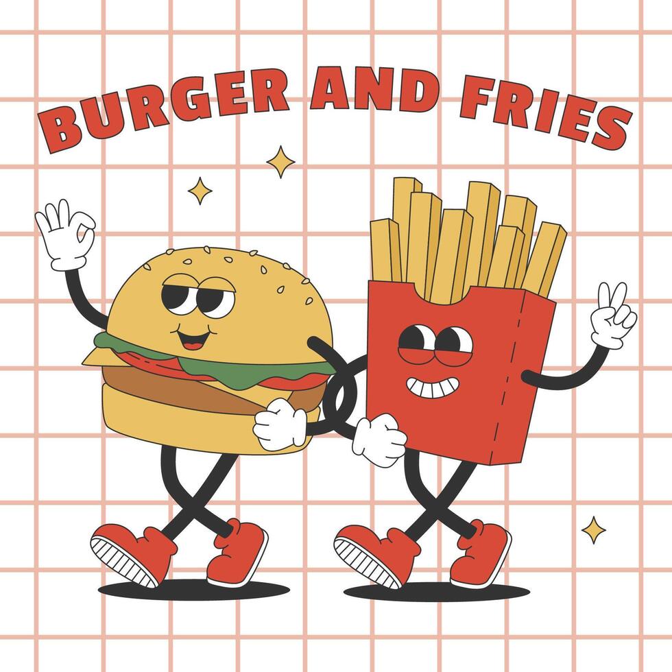 de moda póster con maravilloso hippie hamburguesa y francés papas fritas dibujos animados caracteres en de moda retro estilo. vector