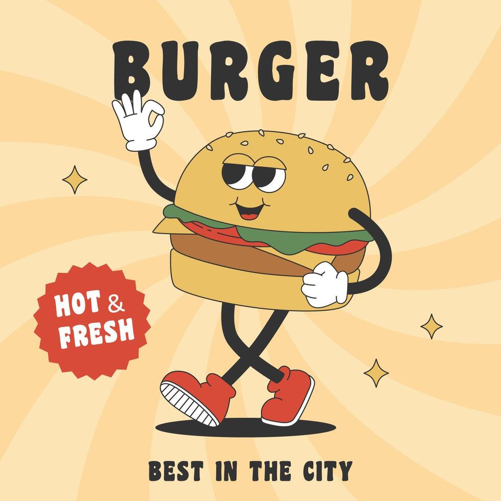 Trendy poster with groovy hippie burger. Cartoon character in trendy retro style. vector
