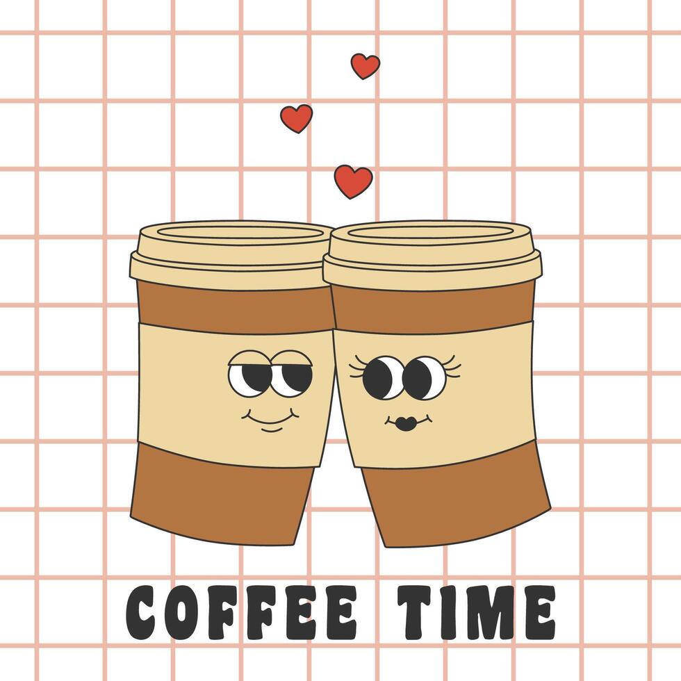 Poster with two coffee cups in groovy style. Cartoon characters in trendy retro style. vector