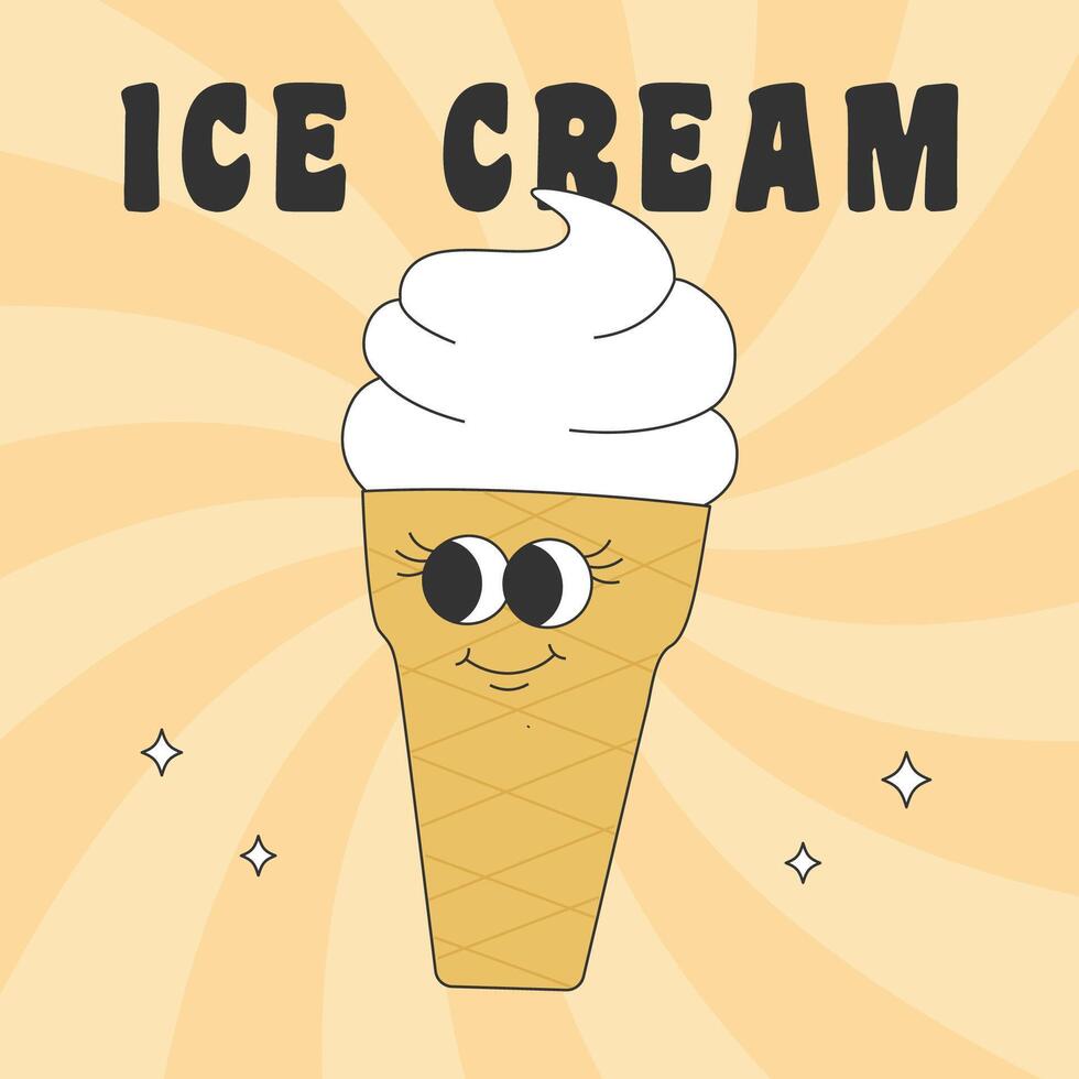 Poster with groovy hippie ice cream. Cartoon character in trendy retro style. vector