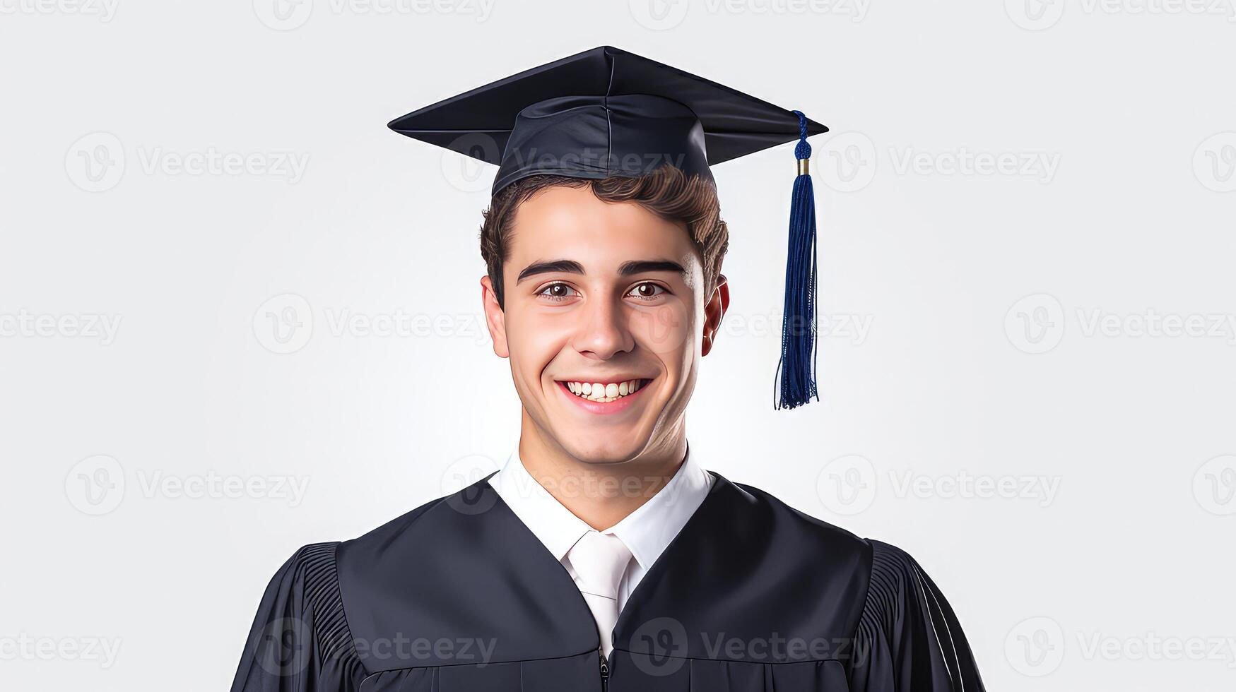 AI generated Portrait of a happy young man in graduation gown and cap isolated on white background photo