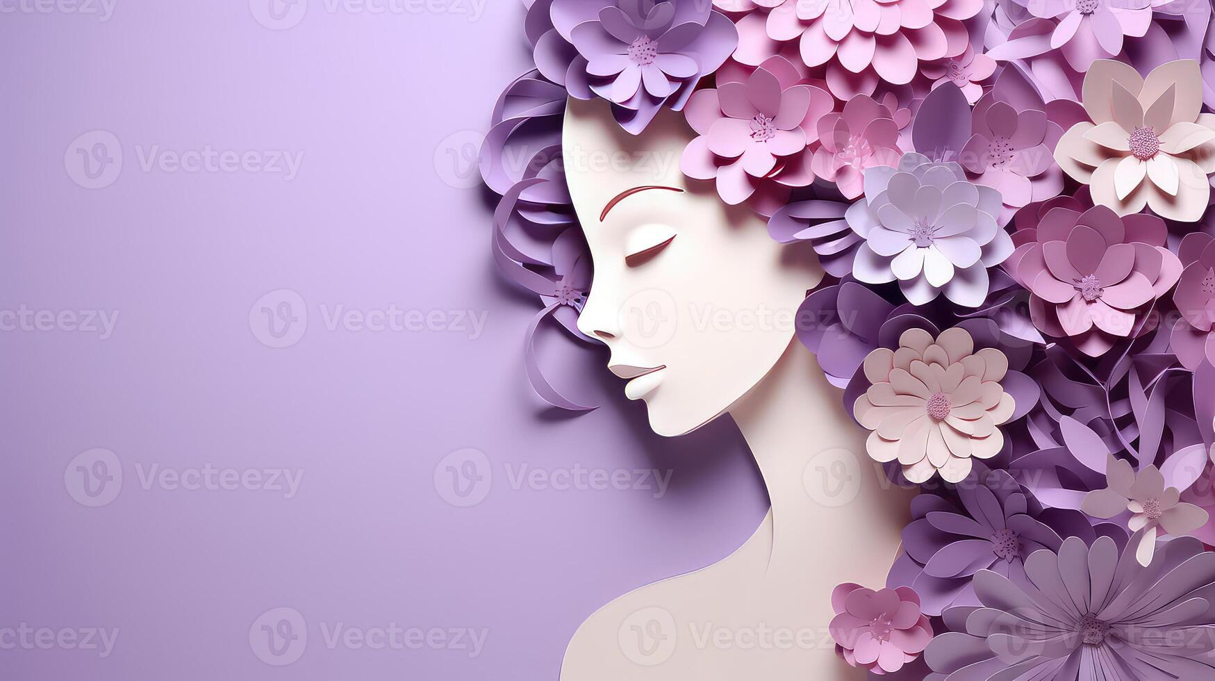 AI generated Paper art of beautiful woman face with purple flowers, International Woman's day background photo