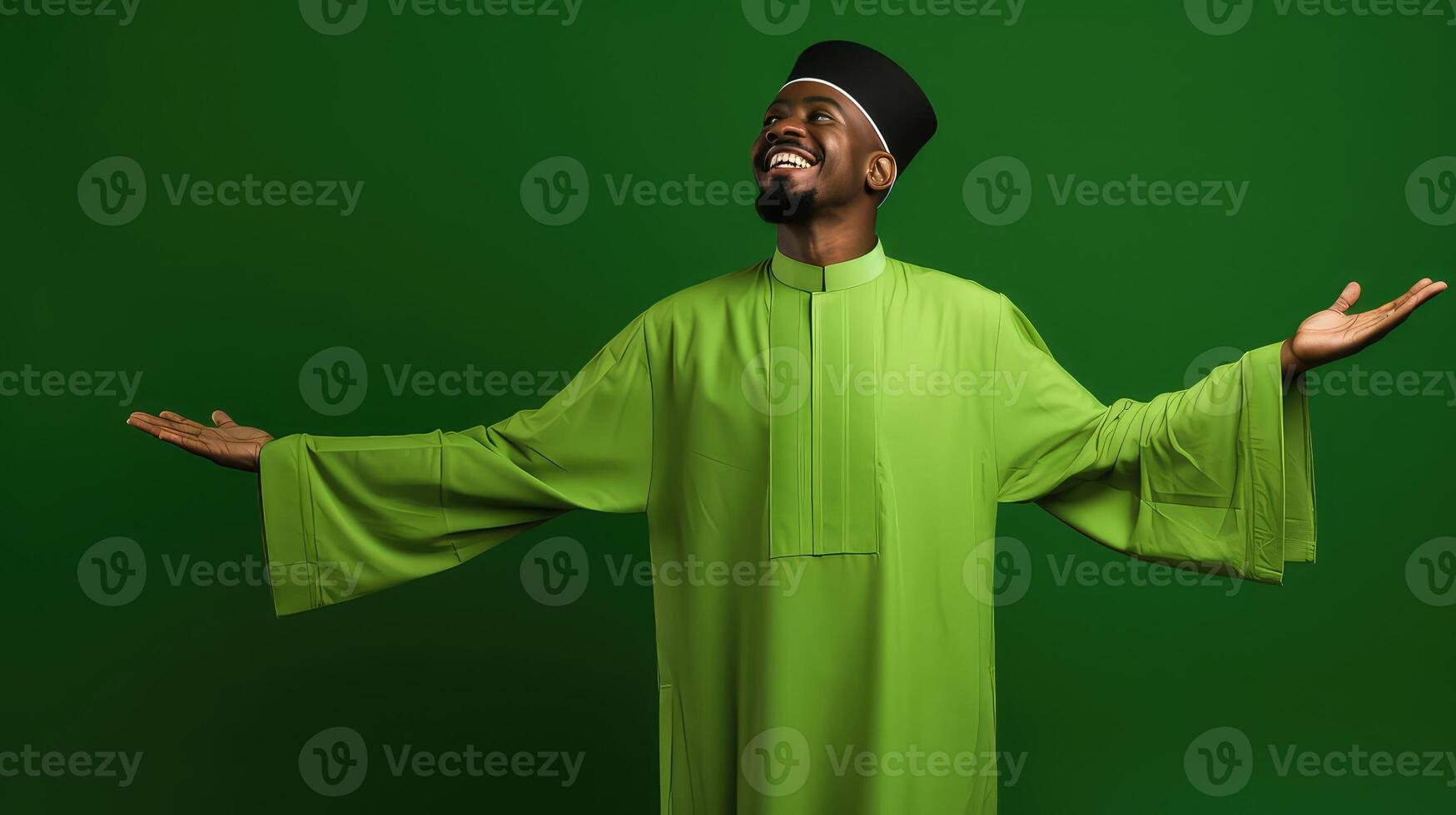 AI generated Muslim man wearing turban and smiling while standing against green background photo