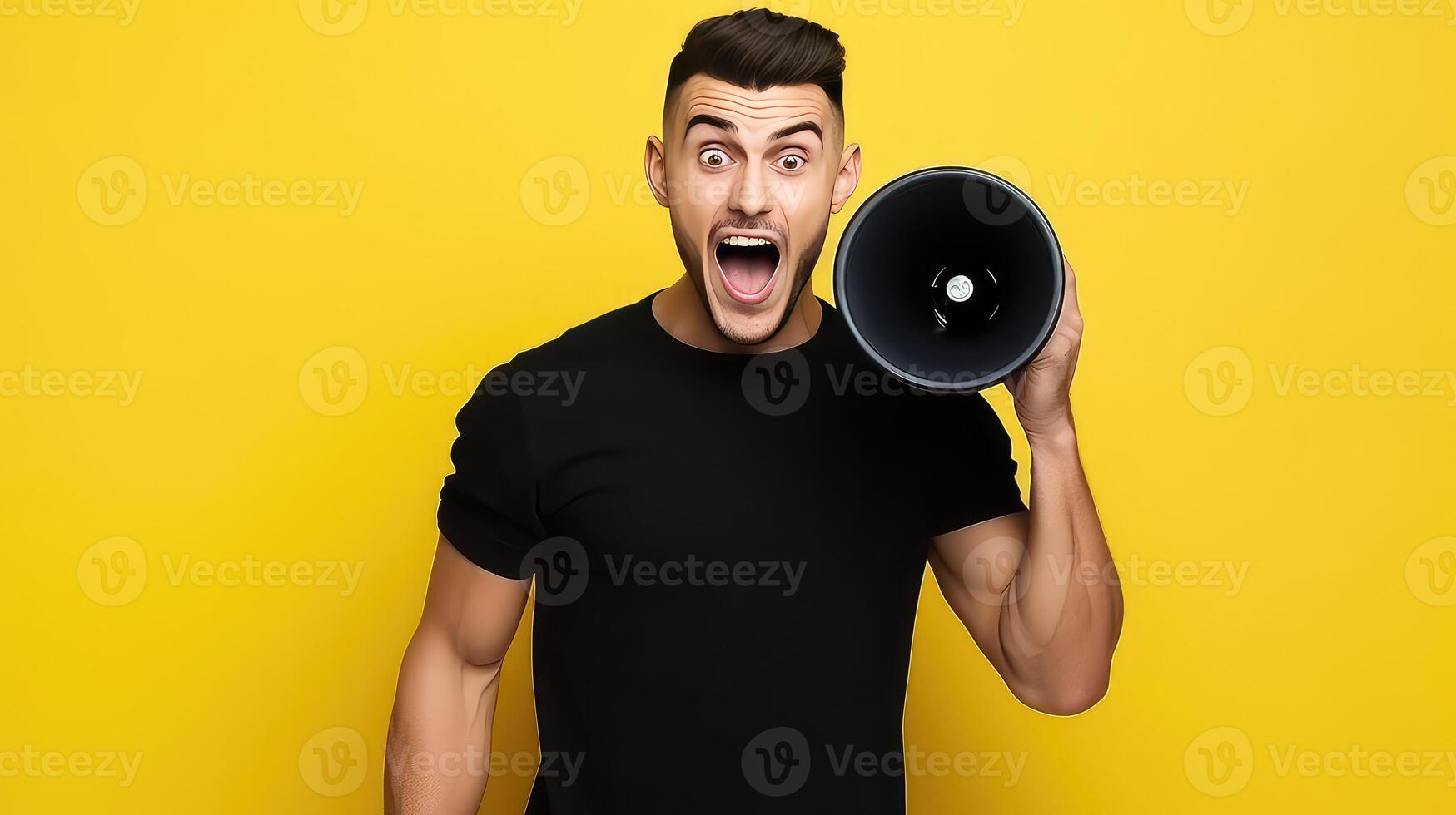 AI generated Portrait of a young man shouting through a megaphone on a yellow background photo