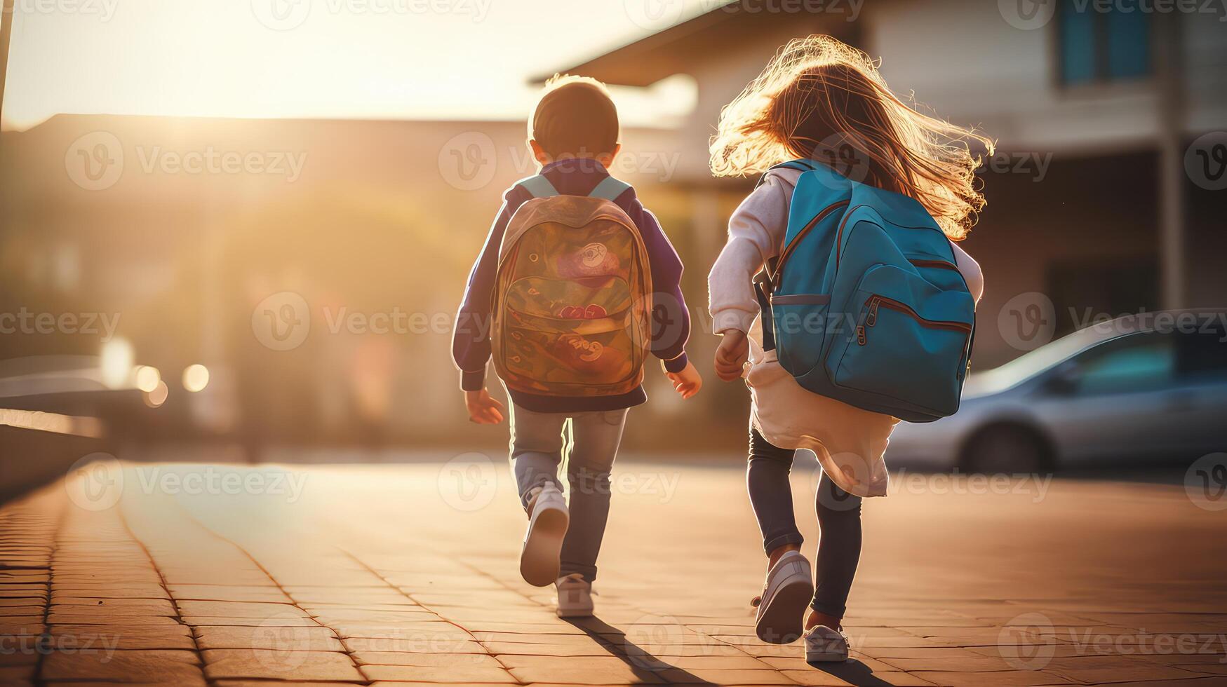 AI generated Back view of school kids with backpack and classmates on background. Back to school concept. photo