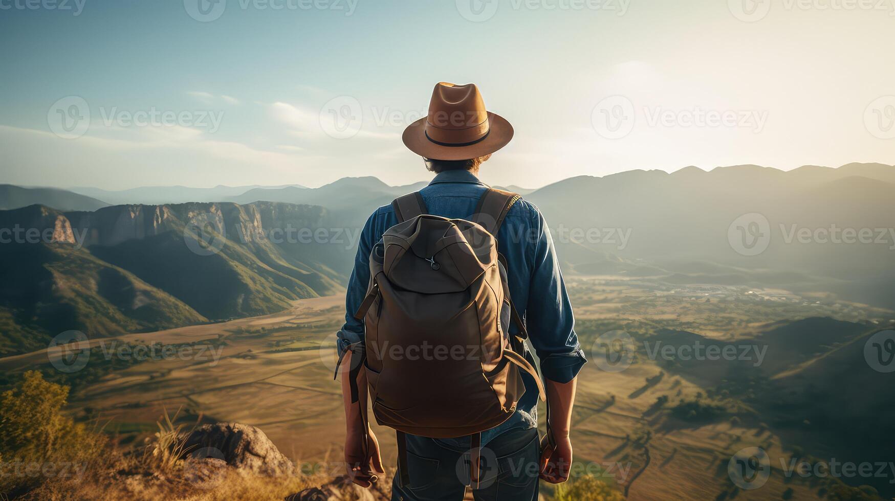 AI generated Hiker with a backpack and hat on the background of the mountains photo