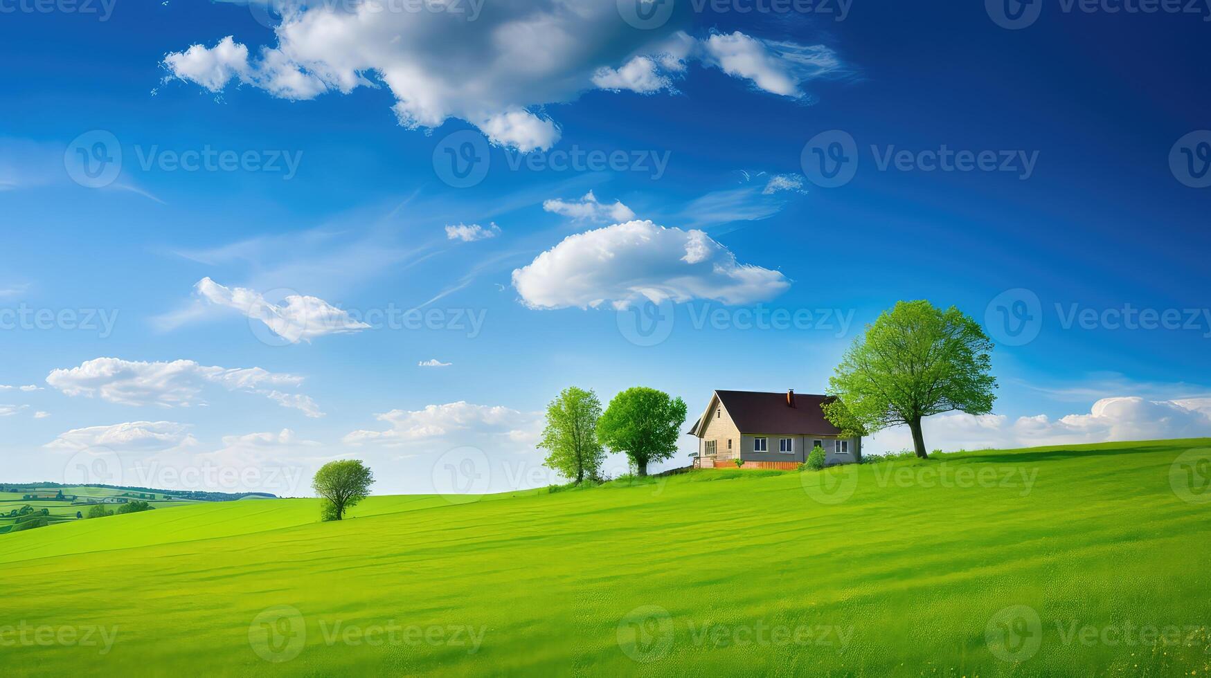 ai generado hermosa paisaje con casa en nubes antecedentes foto