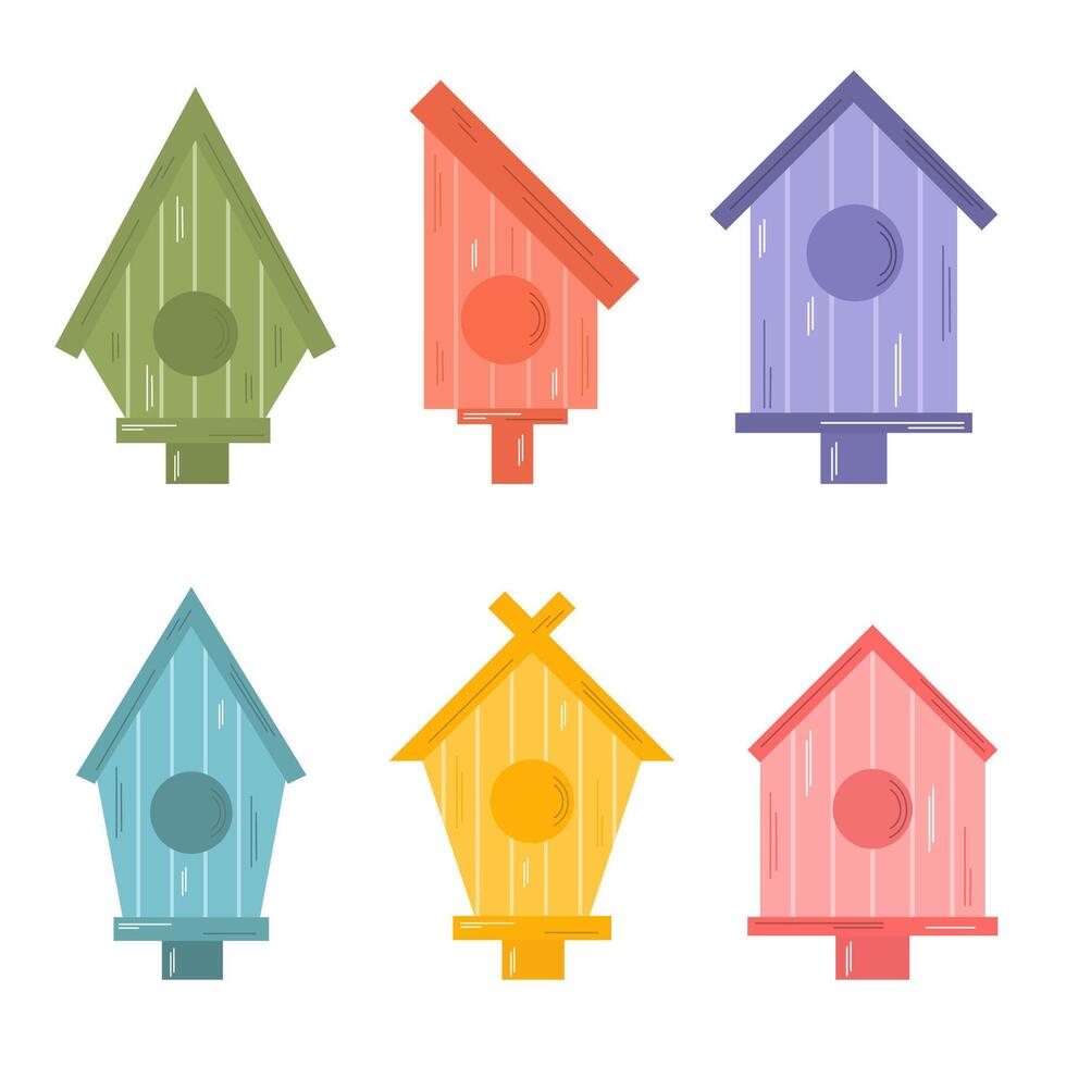 Set of colorful wooden bird houses. Birdhouse, bird feeder of various shapes. Bird home, spring time. Hand drawn flat vector elements isolated on white.