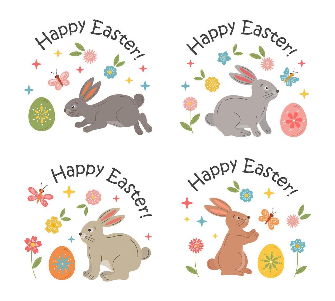 Easter badges with bunny, egg, spring flowers. Easter holiday labels ...