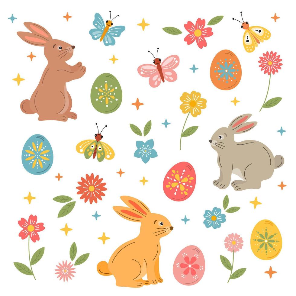 Easter collection with bunnies, spring flowers, colorful eggs, butterflies. Easter background, bright holiday clip art for greeting cards, gift tags, printing. Vector cute Easter rabbit, bunny.