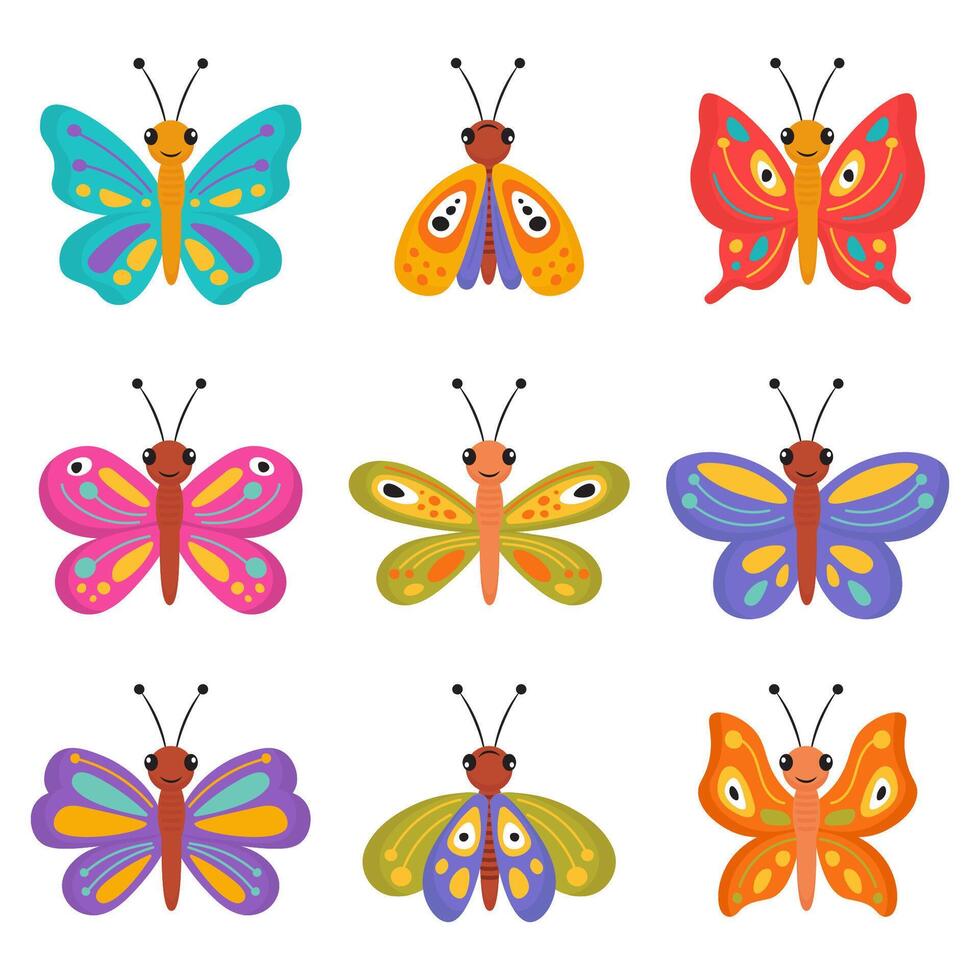 Collection of butterfly in colorful cartoon hand drawn style on white background. Flying smiling butterfly vector isolated set. Cute spring funny butterflies clip art, colorful insect icons, .