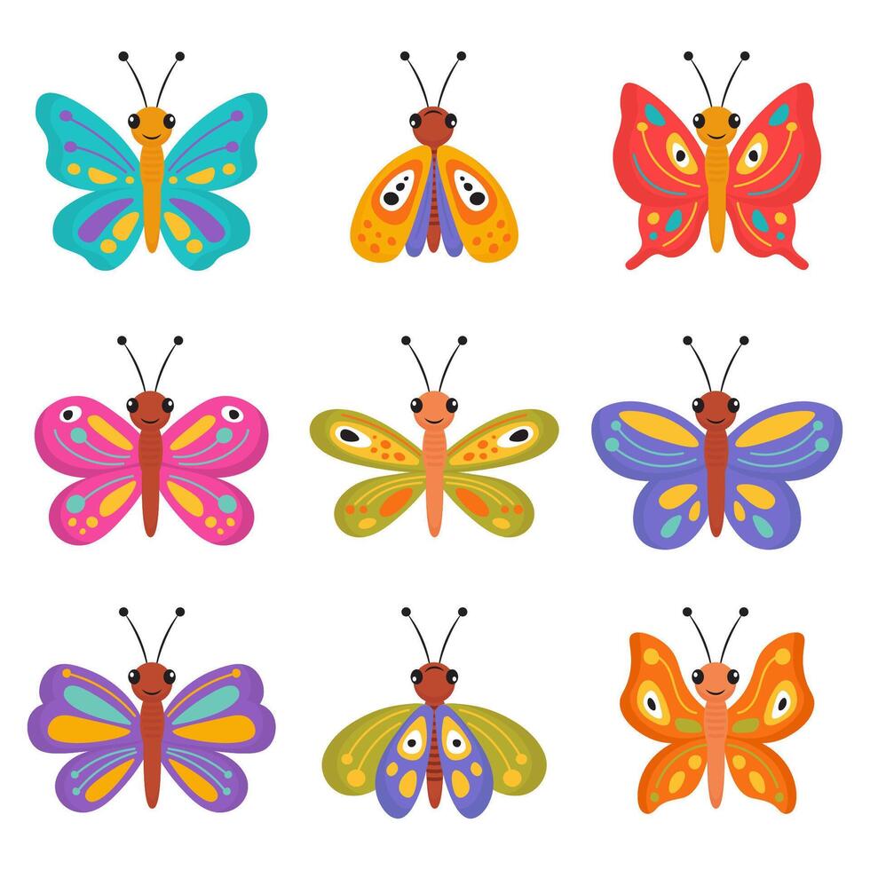 colección de mariposa en vistoso dibujos animados mano dibujado estilo en blanco antecedentes. volador sonriente mariposa vector aislado colocar. linda primavera gracioso mariposas acortar arte, vistoso insecto iconos, .