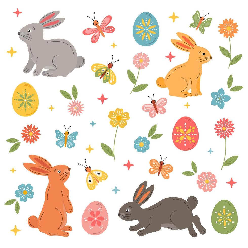 linda Pascua de Resurrección conjunto con conejos, conejitos, vistoso pintado huevos, primavera flores Pascua de Resurrección fondo, linda fiesta acortar arte, saludo tarjeta, póster. vector