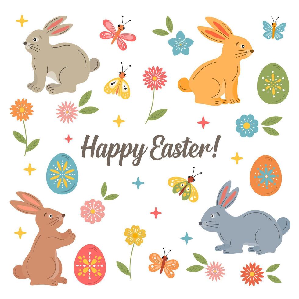 Happy Easter card with rabbit, bunny, spring flowers, colorful painted eggs, butterflies. Spring Easter background, cute holiday clip art, greeting card, poster. Vector elements isolated on white.