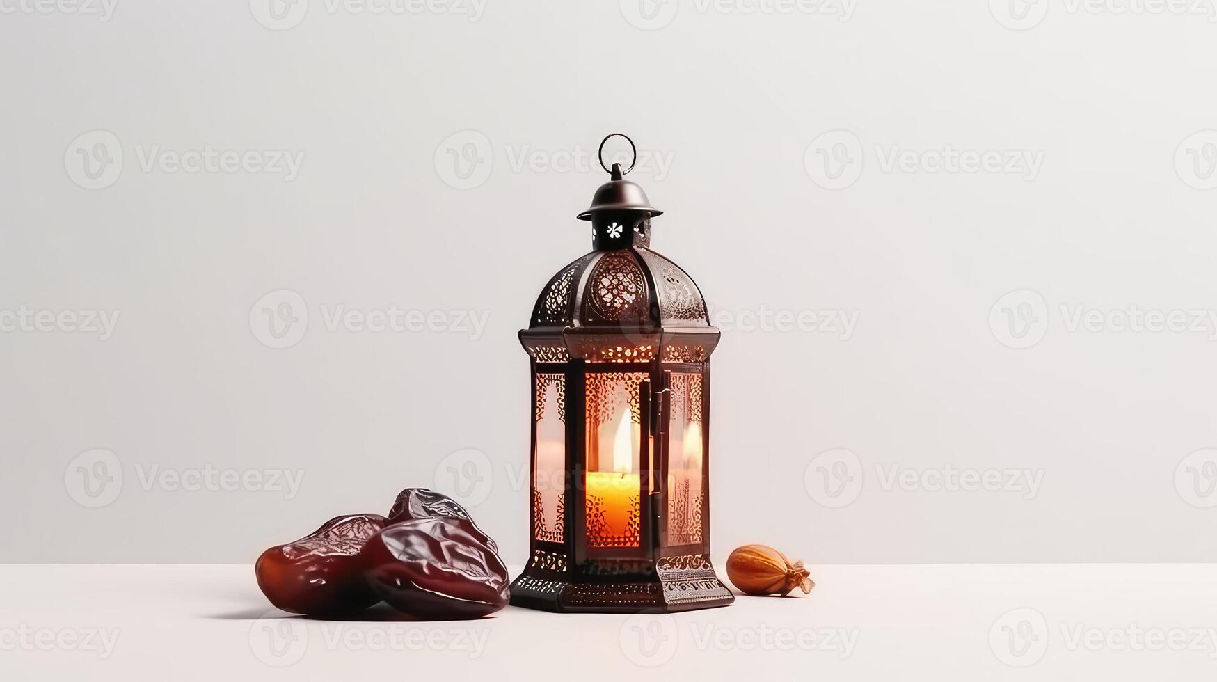 AI generated Islamic Lantern with dates fruits Ramadan Kareem Background photo