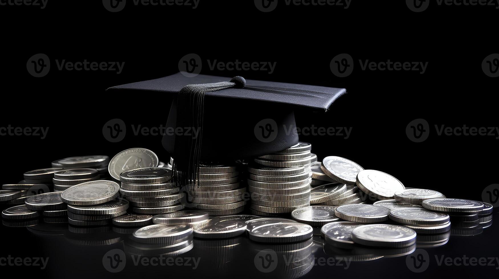 ai generado graduación gorra y monedas en negro antecedentes. foto