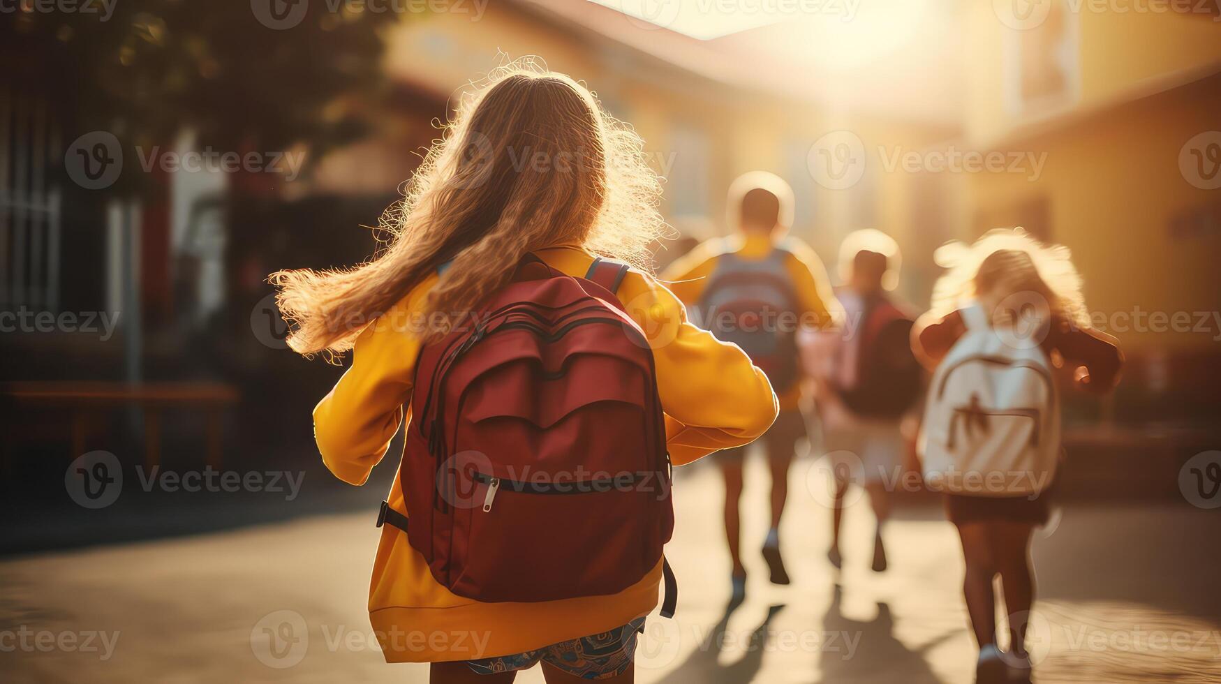 AI generated Back view of school kids with backpack and classmates on background. Back to school concept. photo