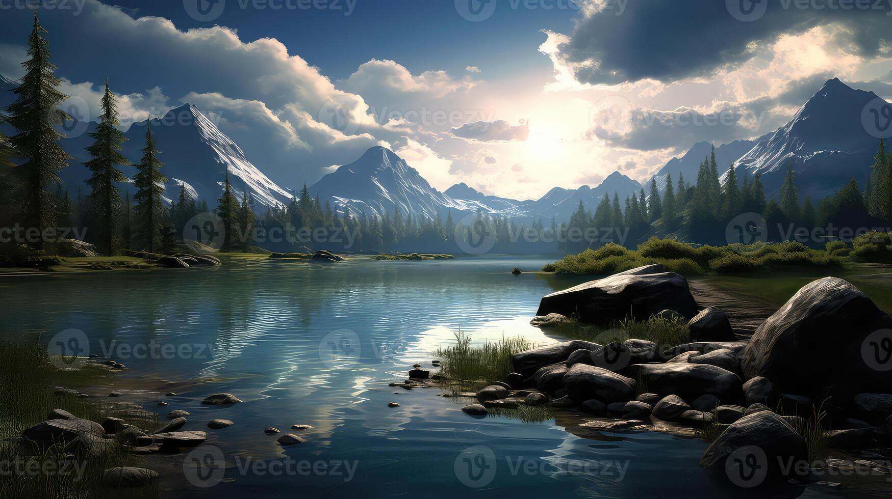 AI generated Fantasy landscape with river and forest at sunset photo