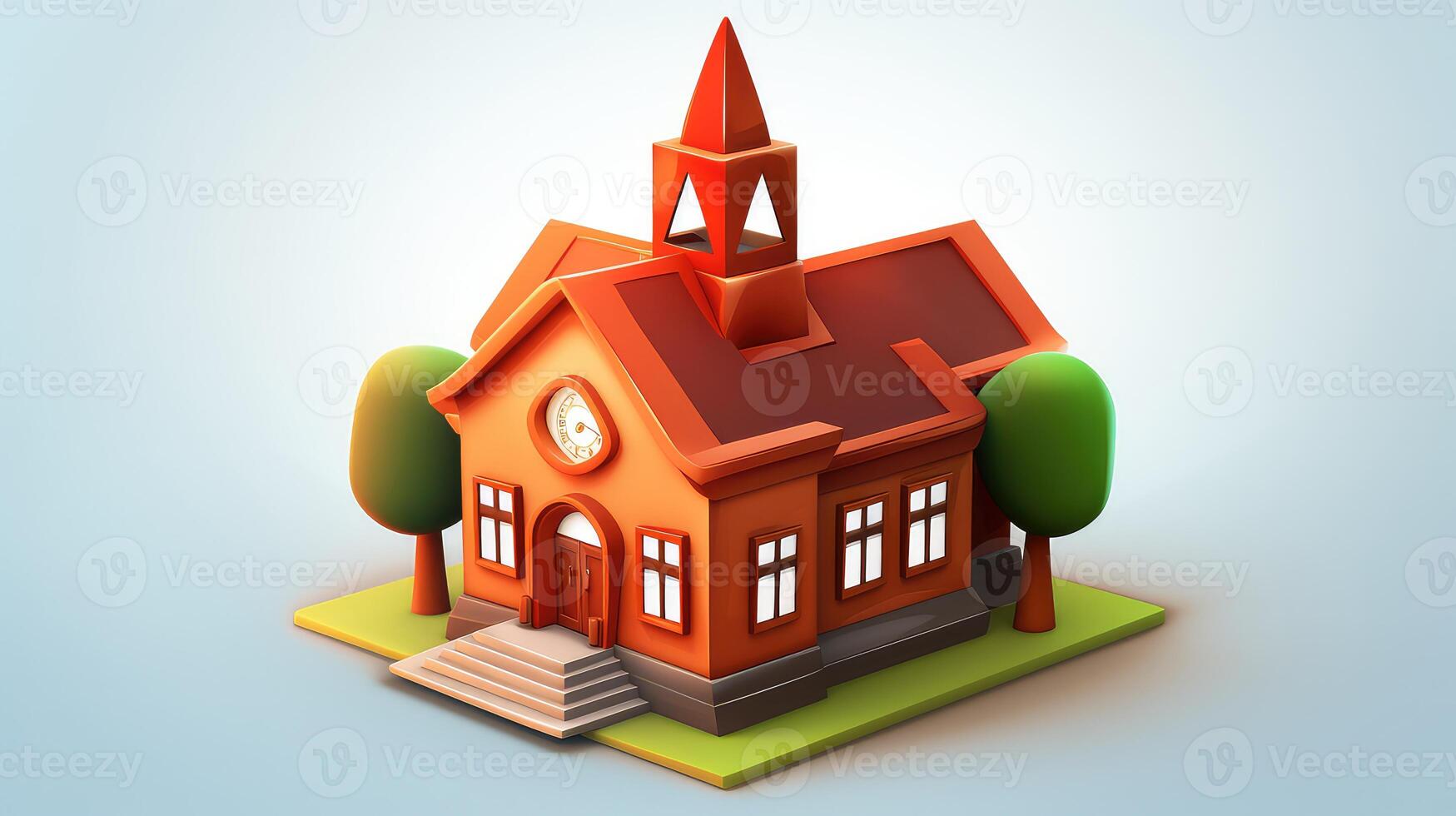 AI generated house with church tower and trees over blue background photo