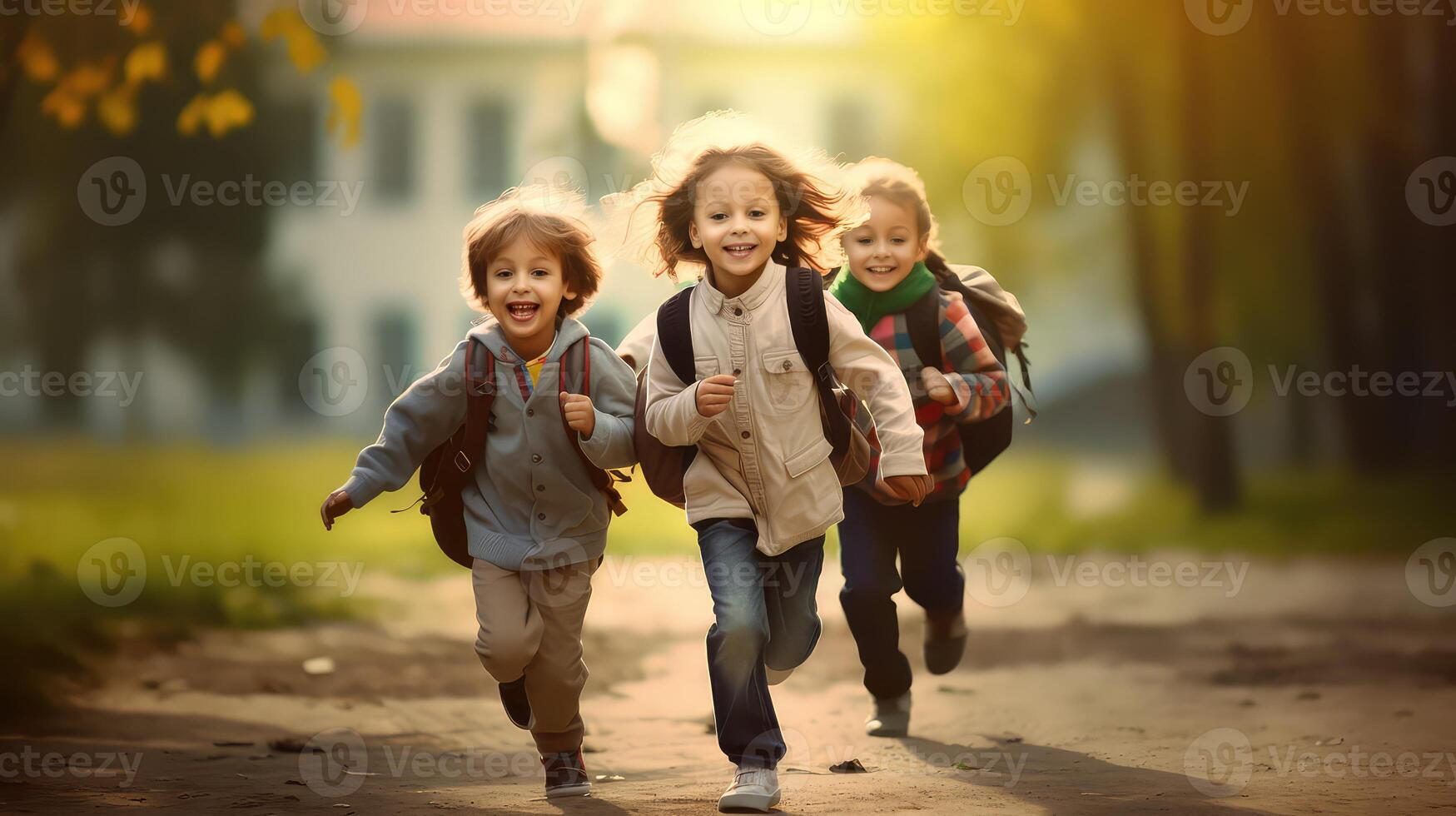 ai generado contento niños corriendo a colegio en otoño día. espalda a escuela. foto