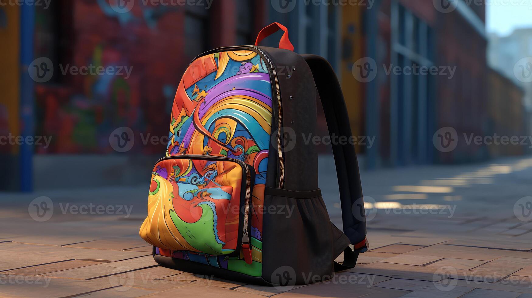 AI generated Backpack in front of a school building. photo