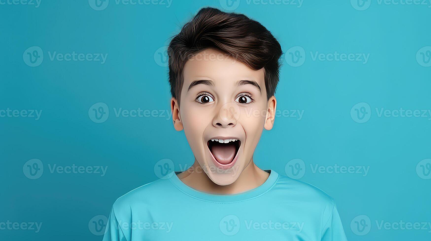 AI generated Surprised boy with open mouth on blue background. Surprised boy looking at camera photo