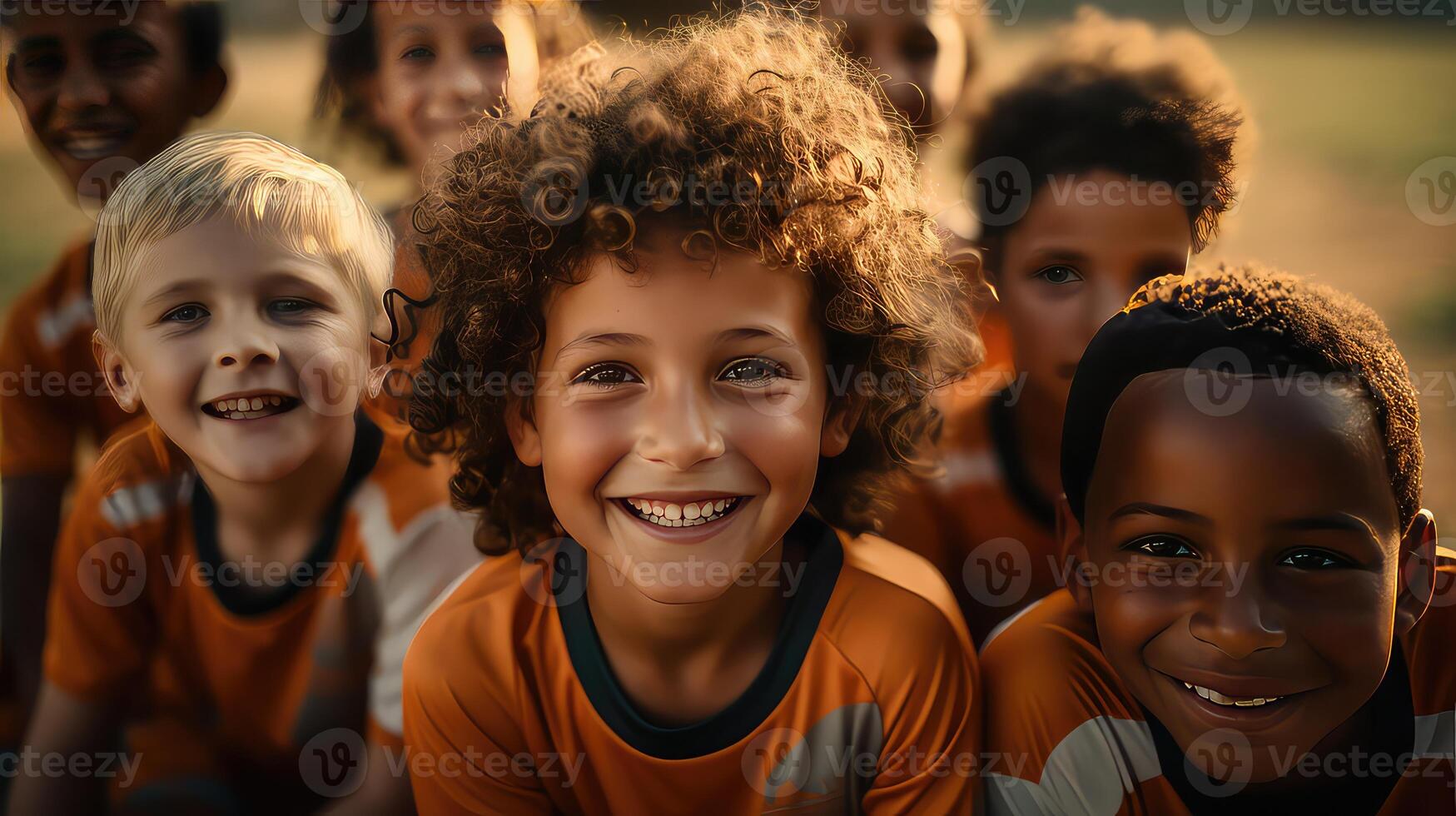 ai generado retrato de un grupo de contento niños fútbol jugadores foto