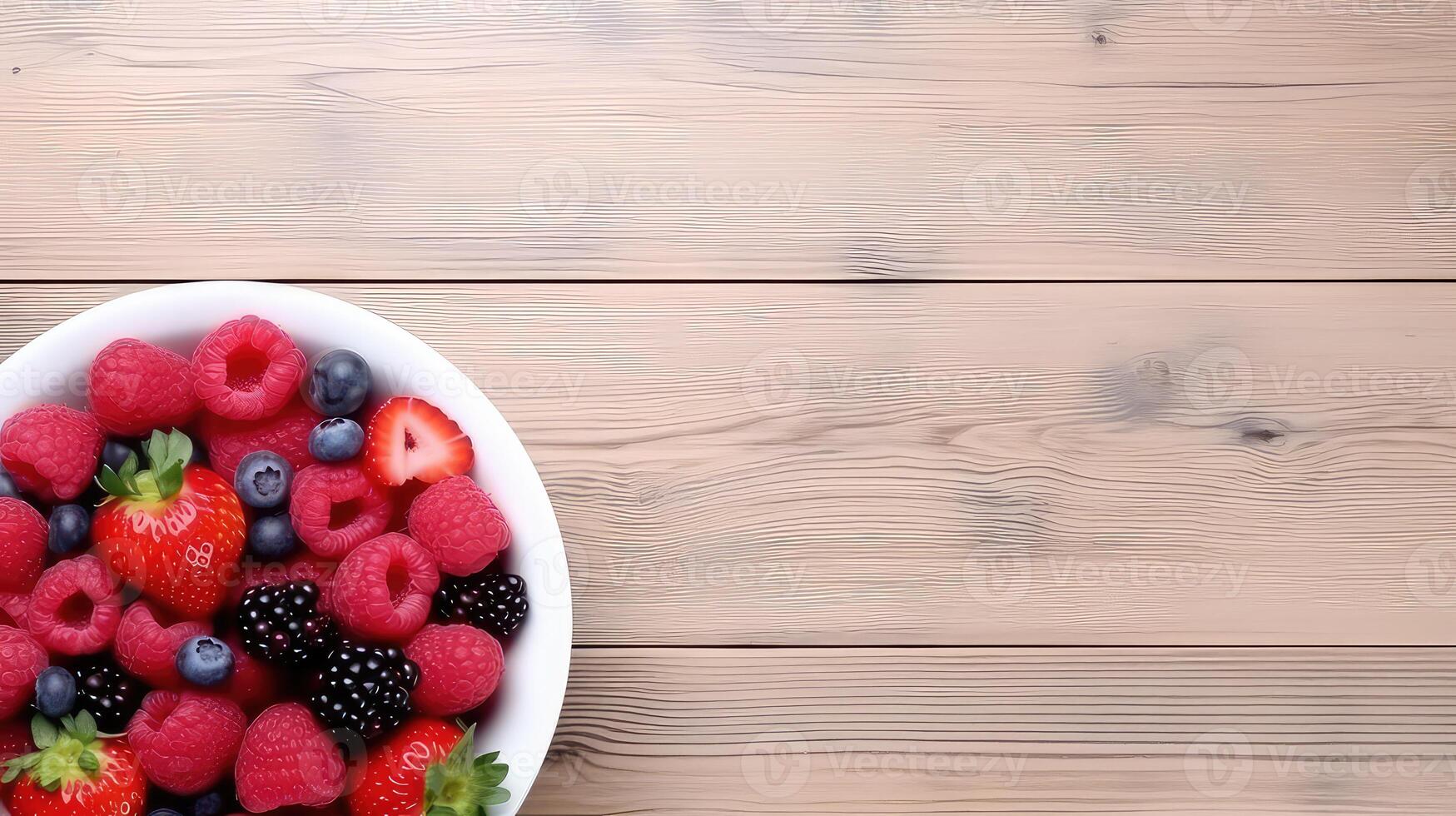 AI generated Fresh berries in a bowl on wooden table. Top view with copy space photo