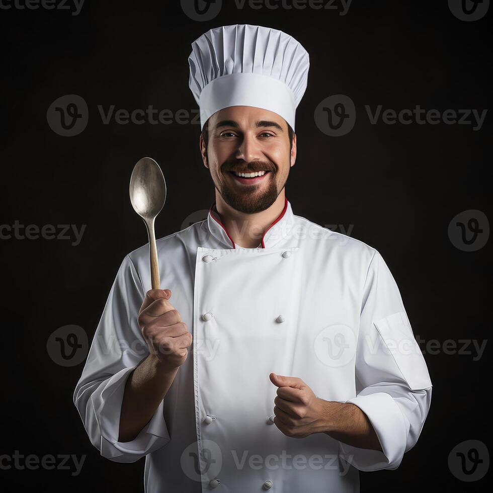 AI generated Portrait of a smiling chef holding a ladle on a black background photo