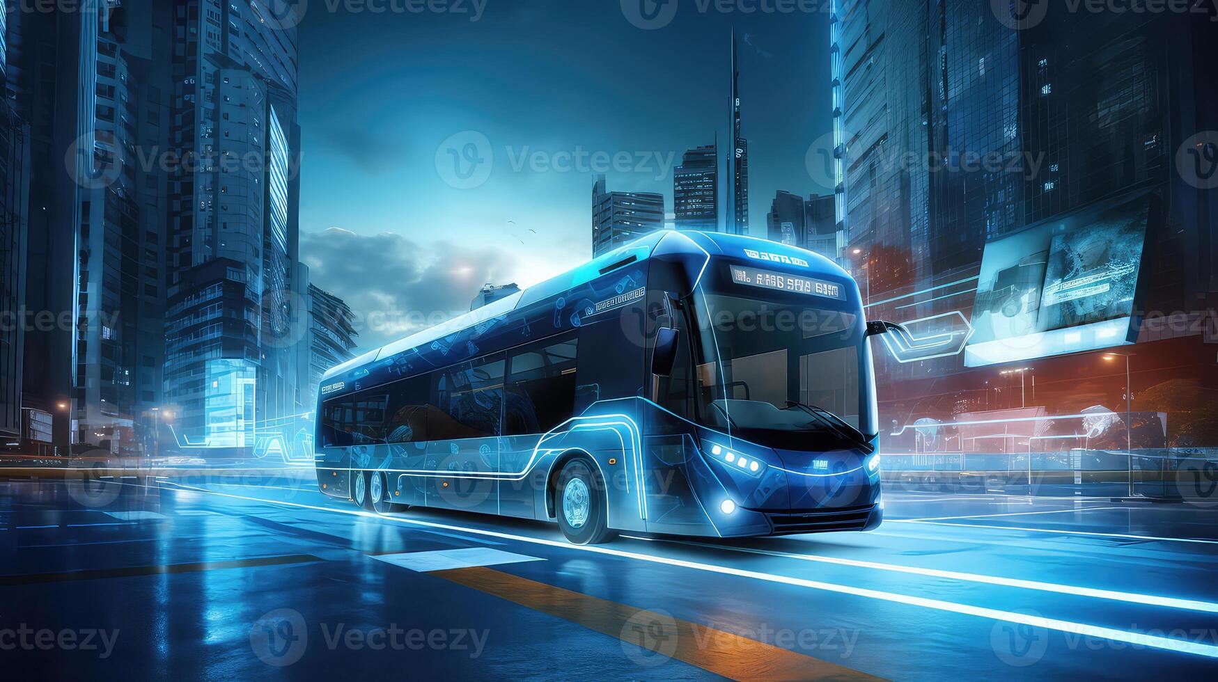 AI generated Bus on the road with high speed motion blur and modern city background photo